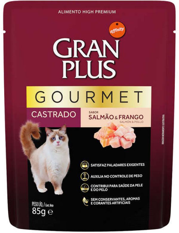 Ração Úmida Affinity GranPlus Gourmet Sachê Salmão & Frango para Gatos Castrados